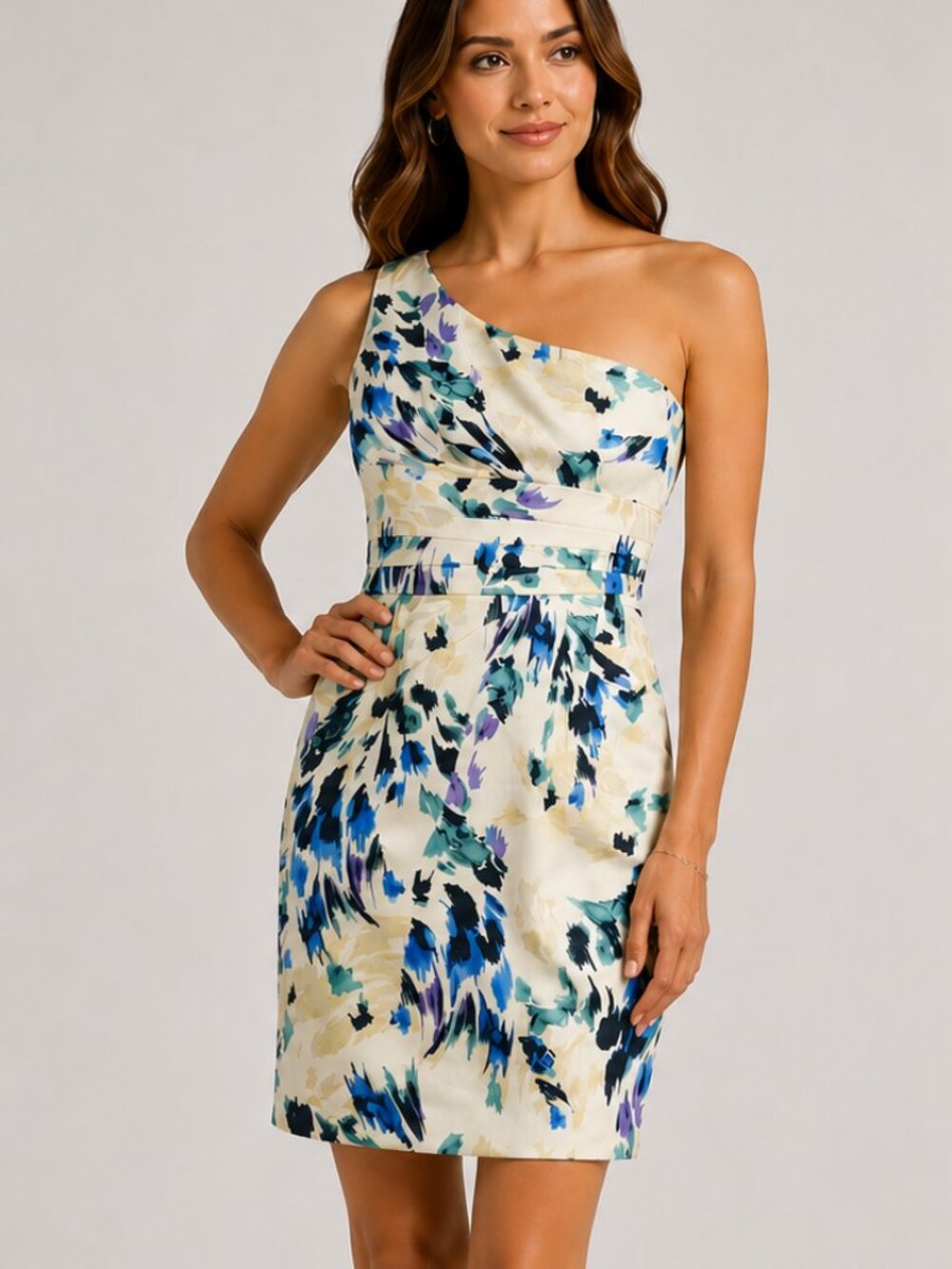 Antonio Melani One Shoulder Floral Cocktail Dress Cream Blue Size 4